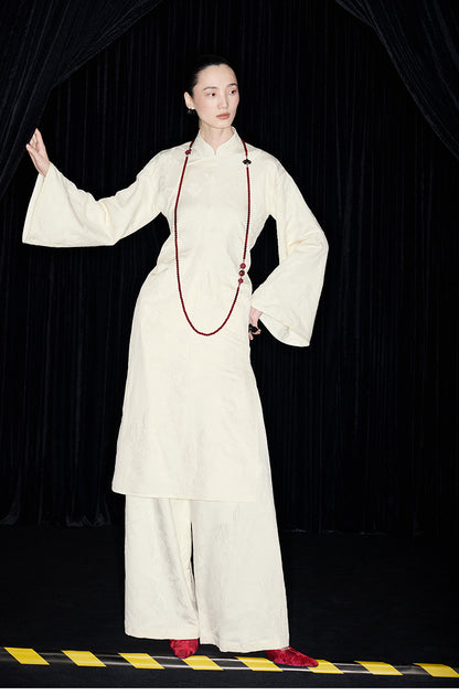 M essential Mackay designer jade carved jacquard bell sleeves cheongsam dress pant set - greg.