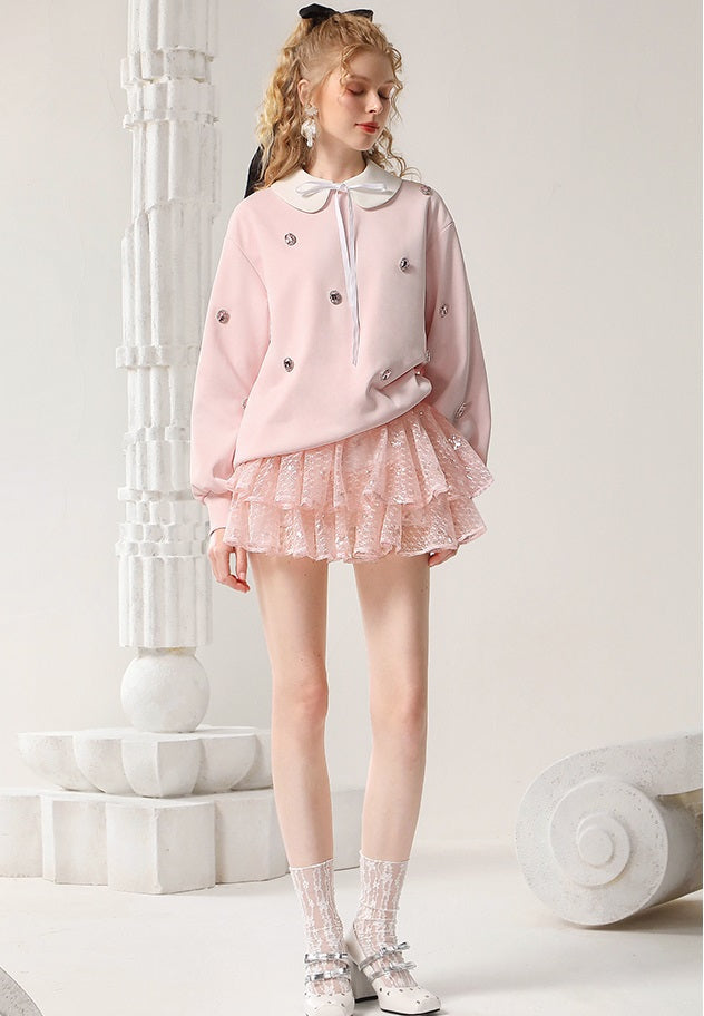 CHECOCRE Classy Sweet Collar Nail Drill Loose Casual Sweat Top - ROMAN