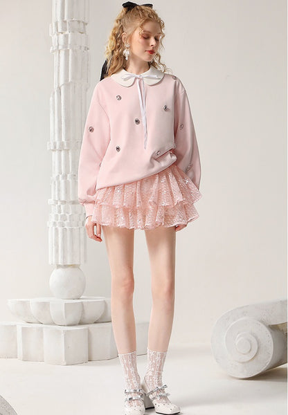 CHECOCRE Classy Sweet Collar Nail Drill Loose Casual Sweat Top - ROMAN