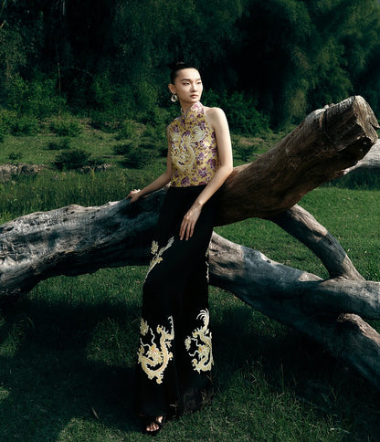 HECO Chinese Retro Style Embroidery Golden Dragon Stand-up Collar Vest Top  - QANT.