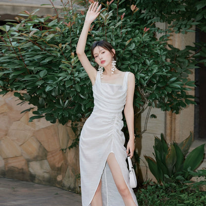 DOLLY High End White Retro Style Sleeveless Long Pleated Slit Cocktail Dress-SARAI