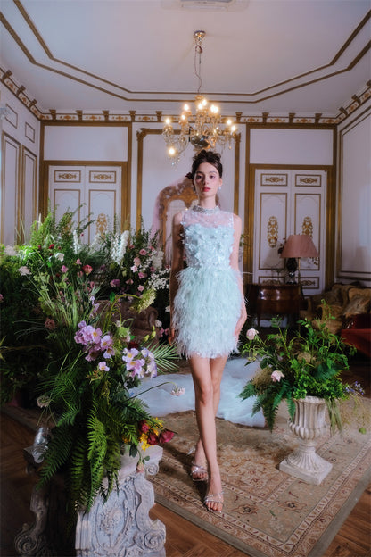 Wardrobes by Chen Elegant Blue Sleeveless Flower Feather Dress - Moji