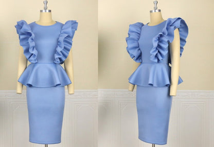 DOLLY High End Blue Crew Nek Ruffled Flying Sleeve Midi Office Dress-BELLONA
