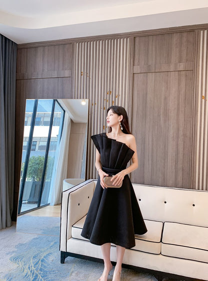 DOLLY Elegant Off Shoulder Pleated Ruffle Tube Top High Wait Midi Dress-LLA