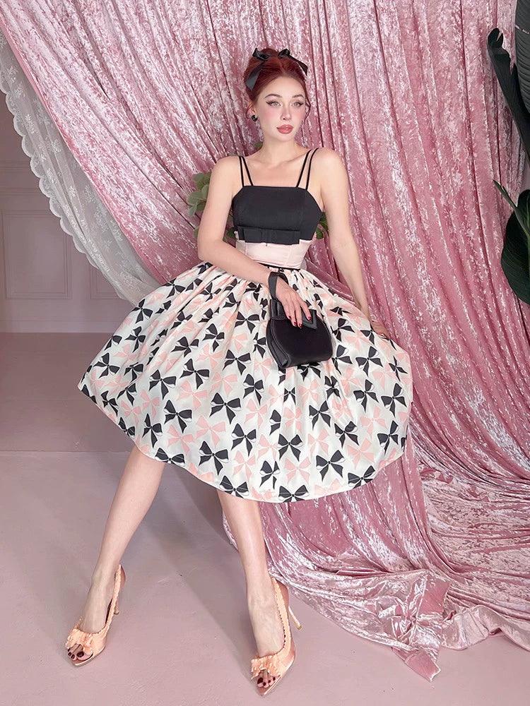 Le Palais  50s classic pink and black contrast bow cinched waist Dress-WENDY