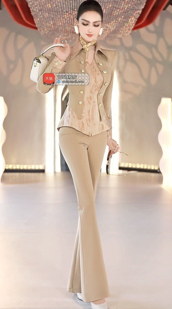 VJE Stitchwork Print Fake Top Flared Pants Two-Piece Business Suit-OLGO.