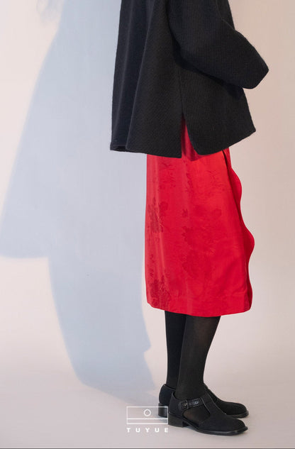 TUYUE Red Silk Satin Woven Midi Skirt- JOBE.