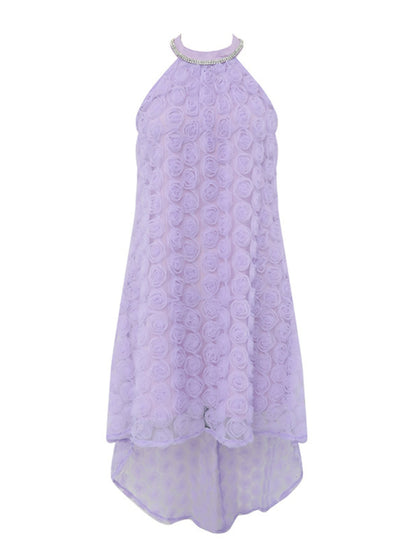 DOLLY High End French Style Violet Sleeveless Halter Neck Loose Dinner Dress-Flower  (V)