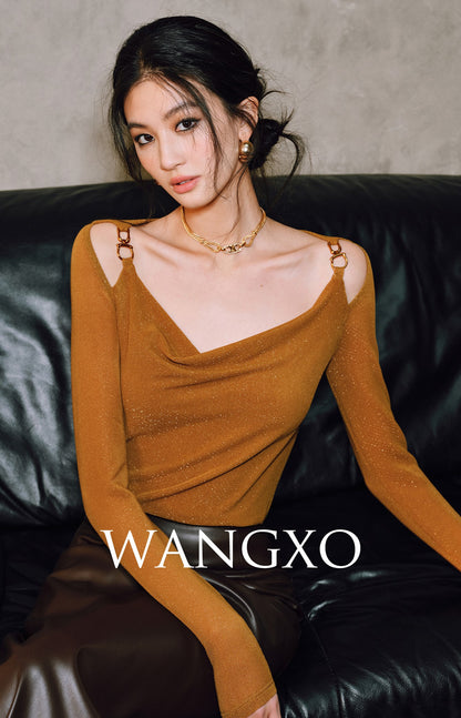 WANGXO | Xinghai Bright Silk Knit Swing Collar Metal Chain Top- LILA.