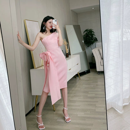 DOLLY Elegant French Style Slant Collar Sleeveless High Waist Midi Dress-QUINNE