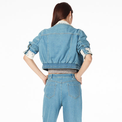 FAME embroidered collar beads bow denim jacket - ETHAN