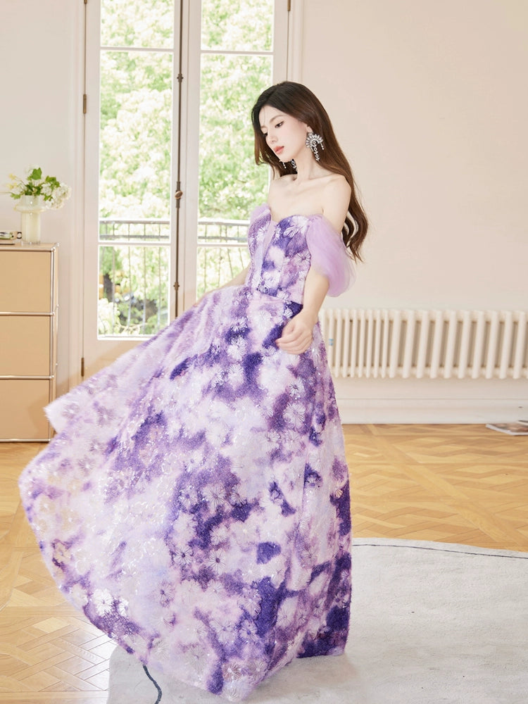 DOLLY Elegant Purple Off Shoulder Short Sleeve Print Long Loose Dress-ABUELA (V) M / As shown DOLLY Elegant Purple Off Shoulder Short Sleeve Print Long Loose Dress-ABUELA (V) M / As shown