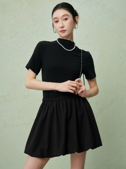 SUSHE three-dimensional flower bud elastic waist short skirt -PEARL
