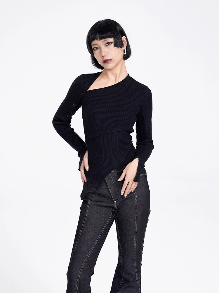 TINY IN button sleeve asymmetric knit women's black top-TAKA