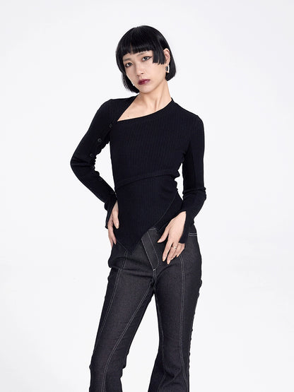 TINY IN button sleeve asymmetric knit women's black top-TAKA