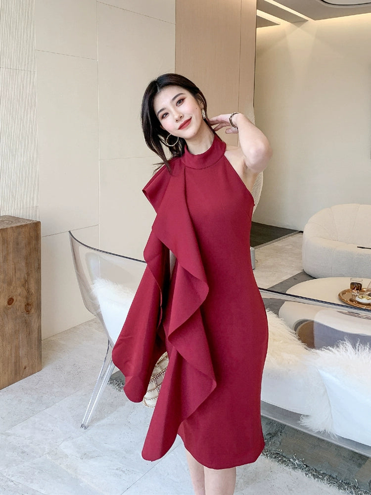 DOLLY Elegant Stand Collar Sleeveless Ruffle Midi Business Dinner Dress-RAINA