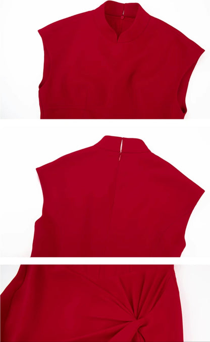 HECO acetate elegant red modified cheongsam dress women - leave.