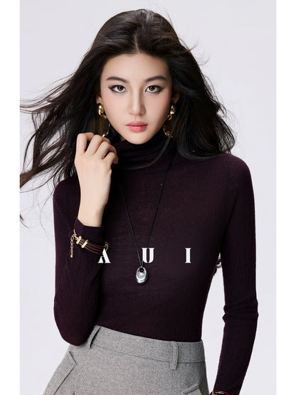 AUI cotton wool slightly sheer turtleneck sweater base knit long sleeve top - Myeong