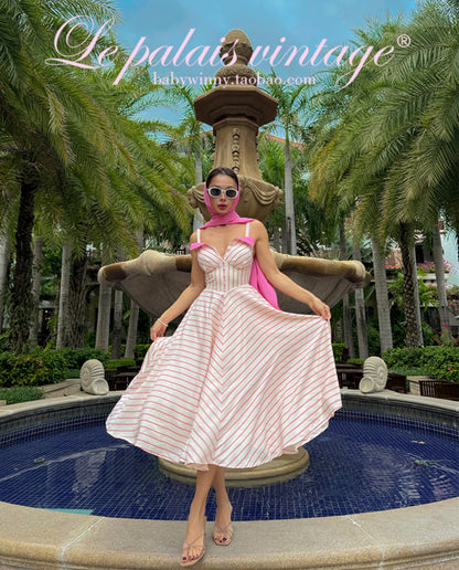 Le Palais Vintage Elegant  pink and white striped heavy work Maxi skirt draped dress-UNIQUE