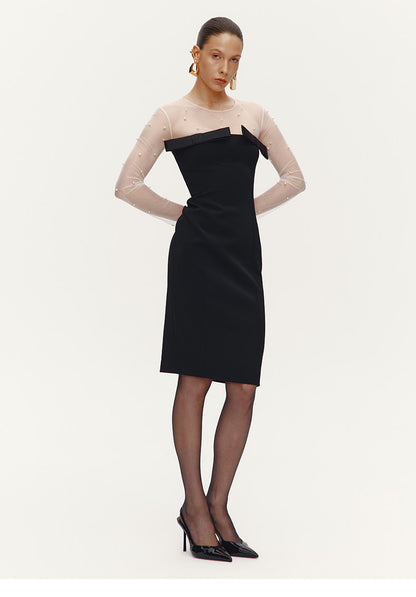 ATELIER MISS LU[Pearl Star] Fall/Winter Pearl Stitched Bow Waist Dress - JAGULAR.