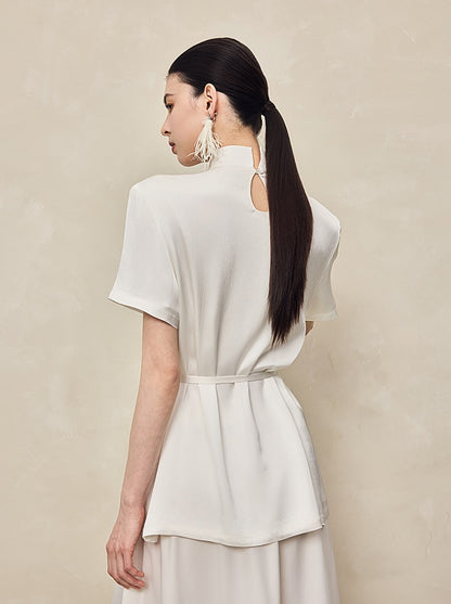 HECO acetate press-pleated cinched waist black white texture t-Shirt - NONE.