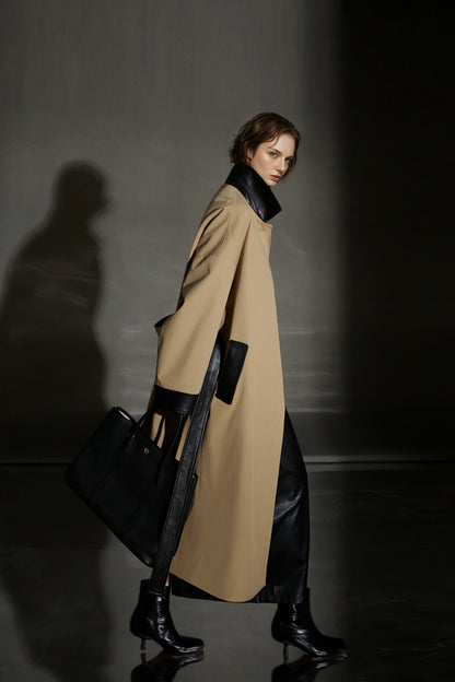 PIAOIN sheepskin stitched collar design sense trench coat women's unisex style-DEX