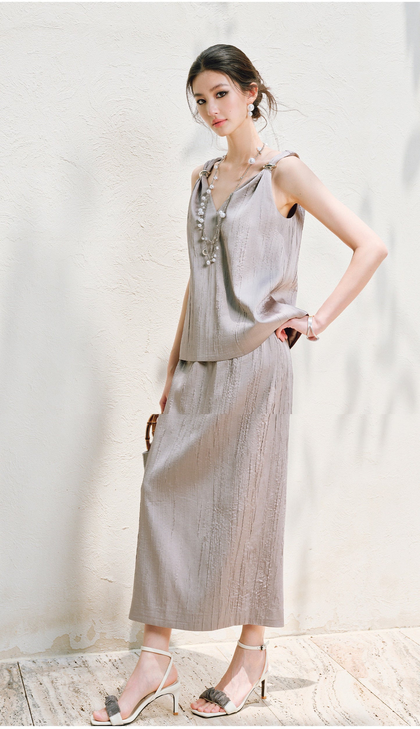 WANGXO | Lazy Precious Metal Shoulder Loop Loose Top & Straight Skirt Set with Sculpted Grace- VERA