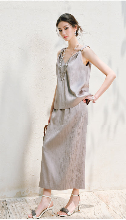 WANGXO | Lazy Precious Metal Shoulder Loop Loose Top & Straight Skirt Set with Sculpted Grace- VERA