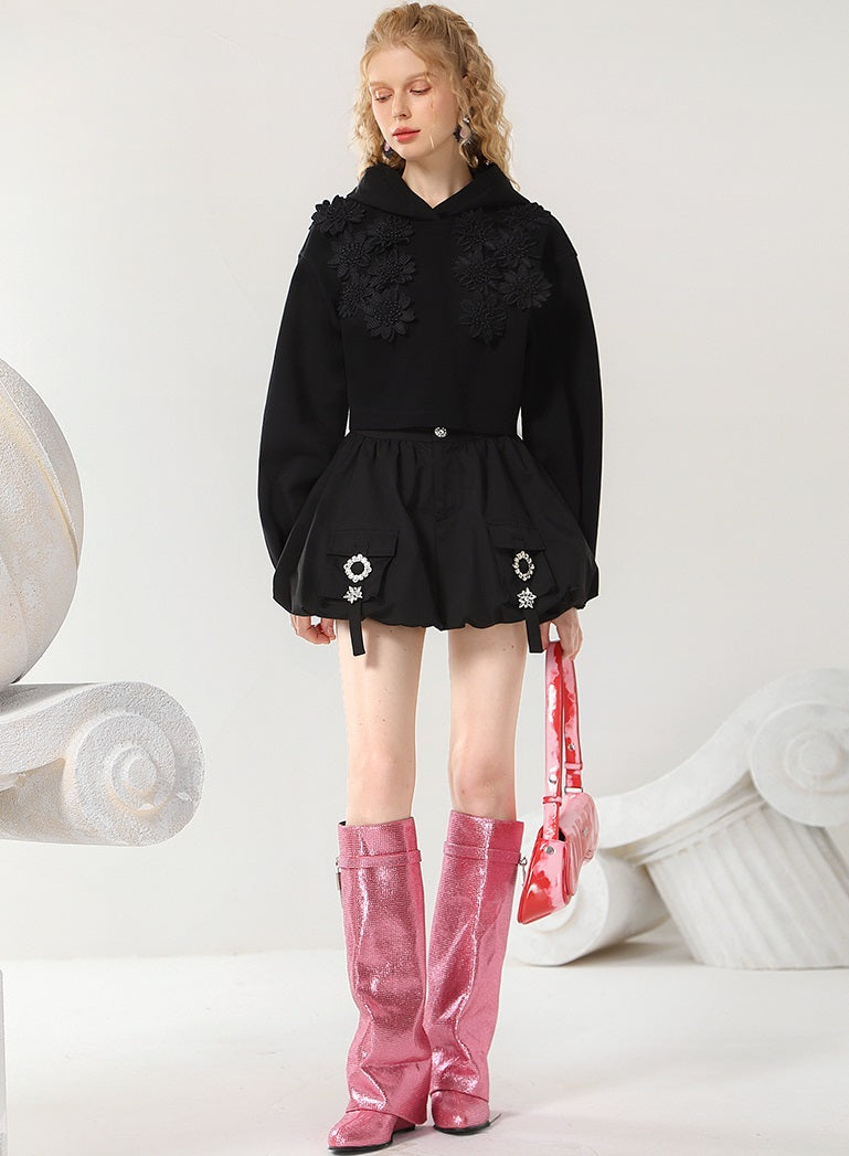 CHECOCRE Classy Sweet Cool Black Sweatshirt Shorts Two Piece Set - LEAF