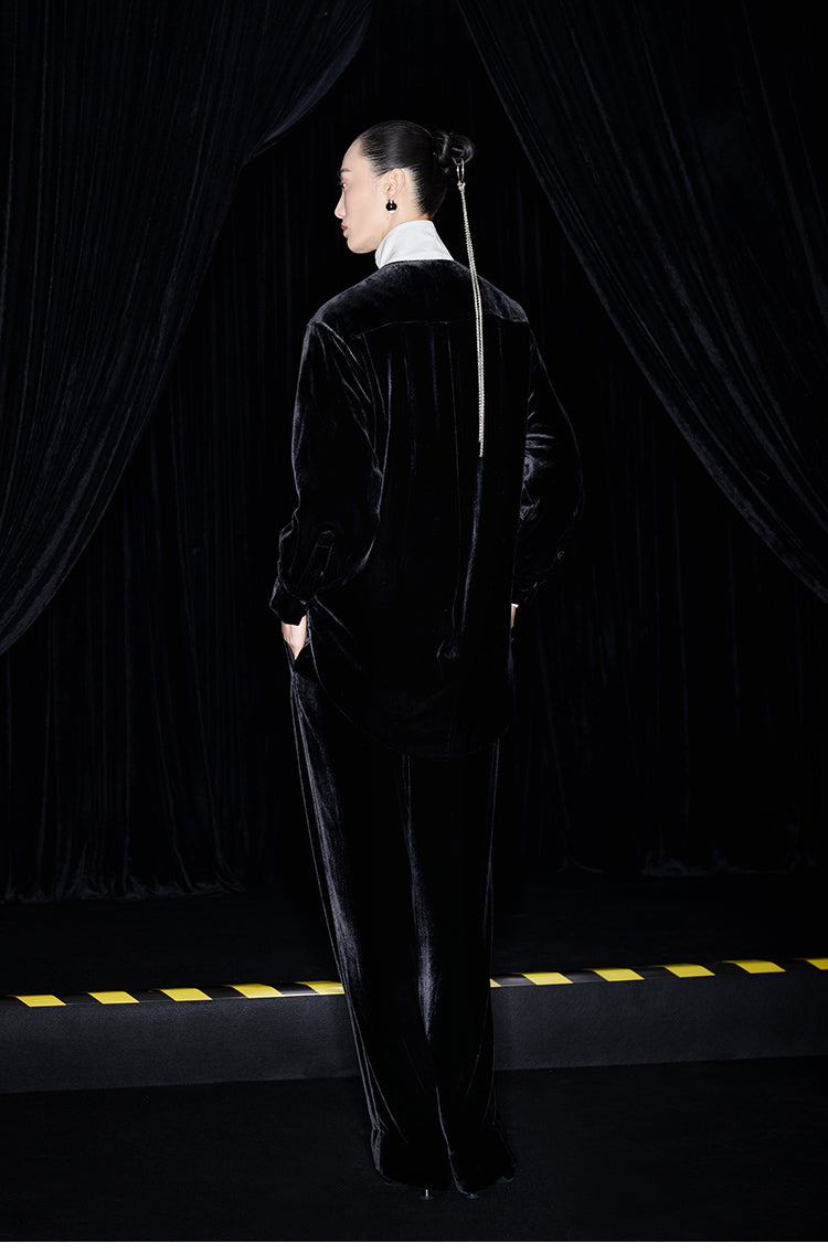 M essential Mackay designer Indian silk embroidered silhouette velvet top pant set- buck.