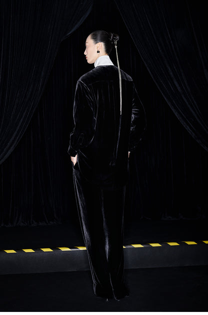 M essential Mackay designer Indian silk embroidered silhouette velvet top pant set- buck.