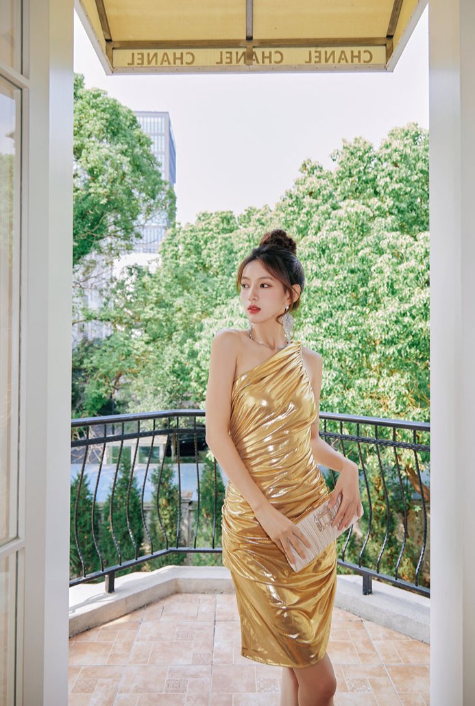 DOLLY Gold Slant Collar Off Shoulder Pleated Body Hug Midi Dinner Dress-AURELIA