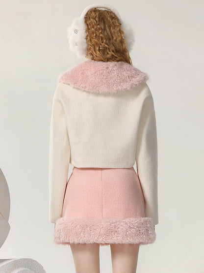CHECOCRE Chic Romantic Sweet White and Pink Fur Collar Suit - INTENSE