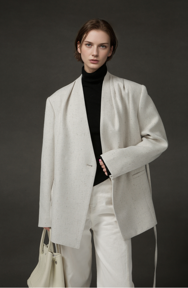 PIAOIN light style shoulder shirring elegant V-neck suit women's waist blazer-FATE