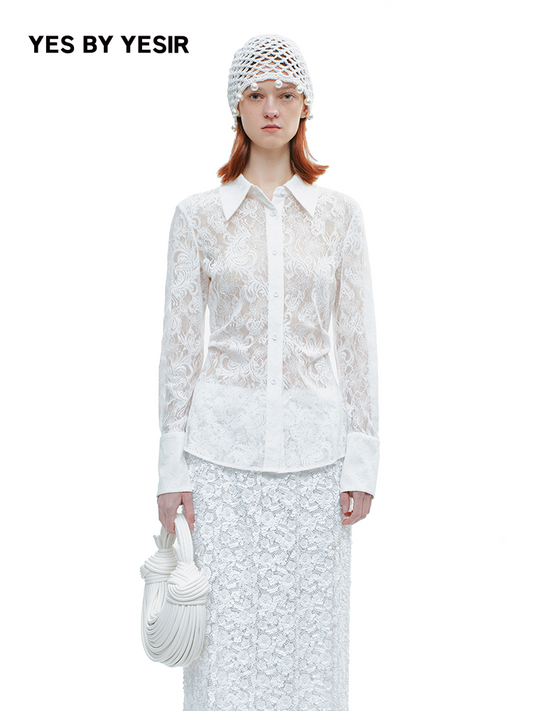 YES BY YESIR | Lace Long Sleeve Sheer White Shirt  -AMALITHA.