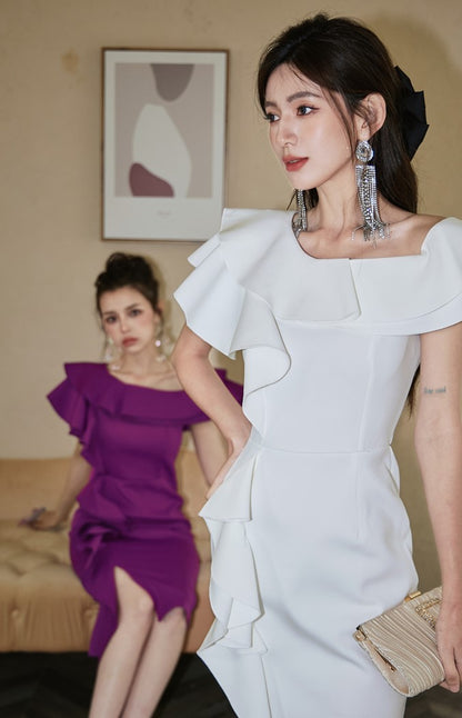 DOLLY High End Purple Ruffled Square Collar Slim Fit Formal Dinner Dress-ANGELIKI