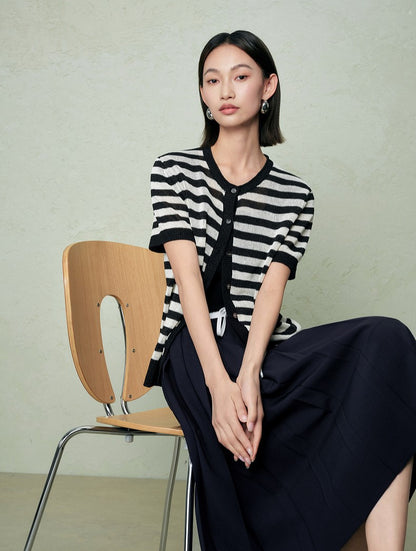 SUSHE light hollow texture striped short-sleeved knit sweater new stretch loose top -BESS