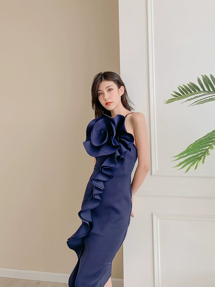 DOLLY Elegant French Style Sleeveless Ruffle Collar Slim Fit Midi Cocktail Dress-BANNIE