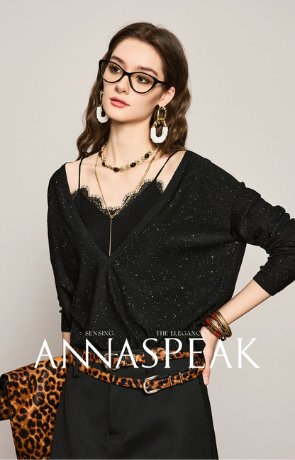 ANNASPEAK wool bead piece V-neck knit-SACE.