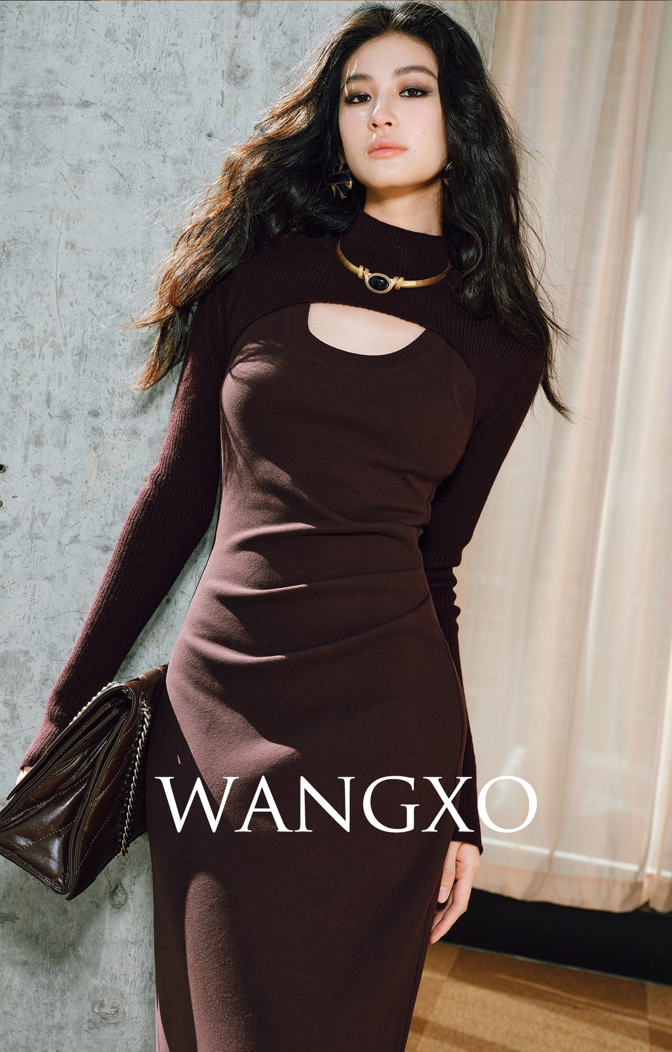WANGXO | Delicate 12-Needle Wool Pit Texture U-Neck Side Pleated Dress- RINA.