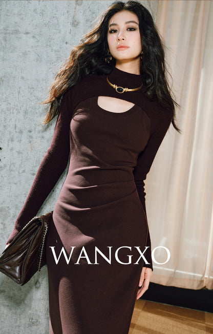 WANGXO | Delicate 12-Needle Wool Pit Texture U-Neck Side Pleated Dress- RINA.