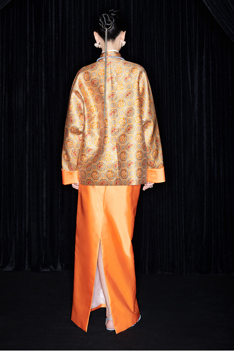 M essential Mackay designer halo stand-up collar jacket orange skirt suit  - Guaida.