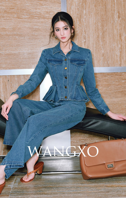 WANGXO| Flexible Cotton Denim Ruffle Top & Straight-Leg Pants- NAYA.