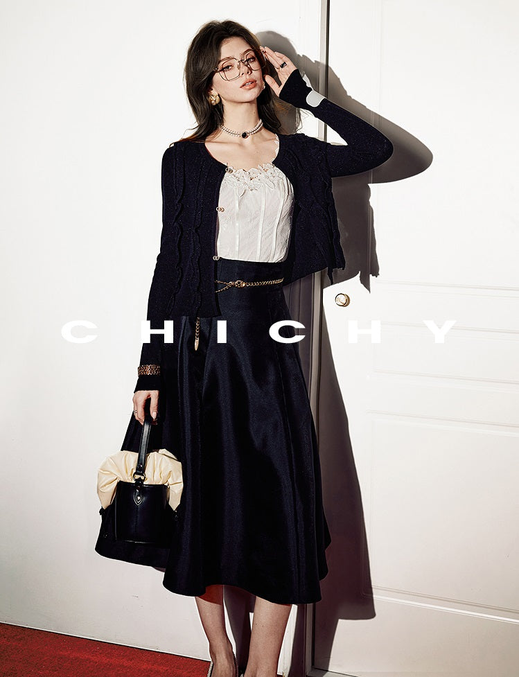 CHICHY French Hepburn style black A-line high-waisted long skirt-ROAN