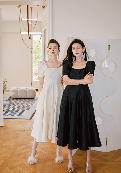 DOLLY Elegant Retro Square Neck Short Puff Sleeve Satin Long A-Line Dress-BAMBI