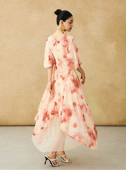 HECO Chinese Floral V-neck Asymmetric Hem Long Dress - DOMINION.