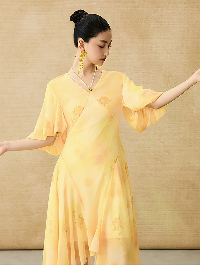 HECO Chinese Floral V-neck Asymmetric Hem Long Dress - DOMINION.