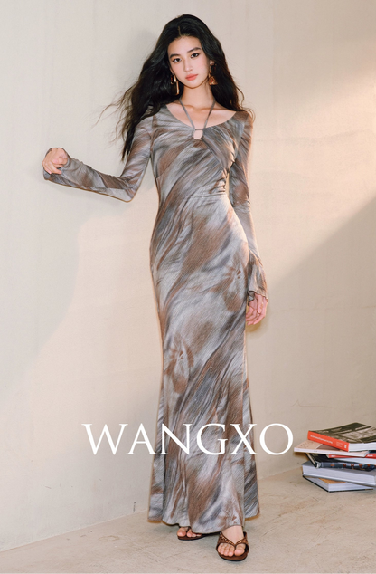 WANGXO Galaxy Muse -Starry Silver Oil-Paint  Halterneck Dress - SABLE