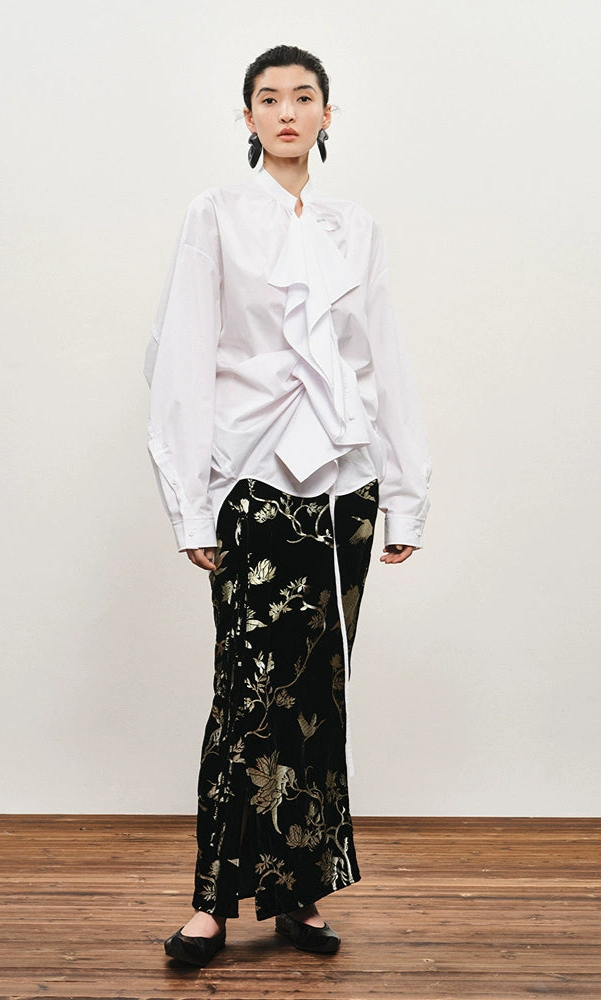 ZHUCHONGYUN drawstring placket loose straight white shirt-UMIE.