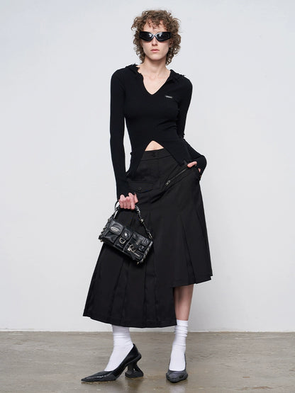 ANNAKIKI model black asymmetrical pleated skirt for women-CHIKAKO